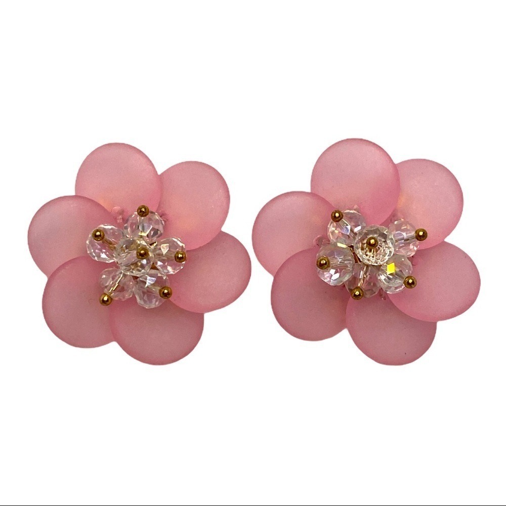 Women's Pink Flower Earrings Crystal Beaded Accent Studs Fashion‎ Jewelry - Picture 3 of 7
